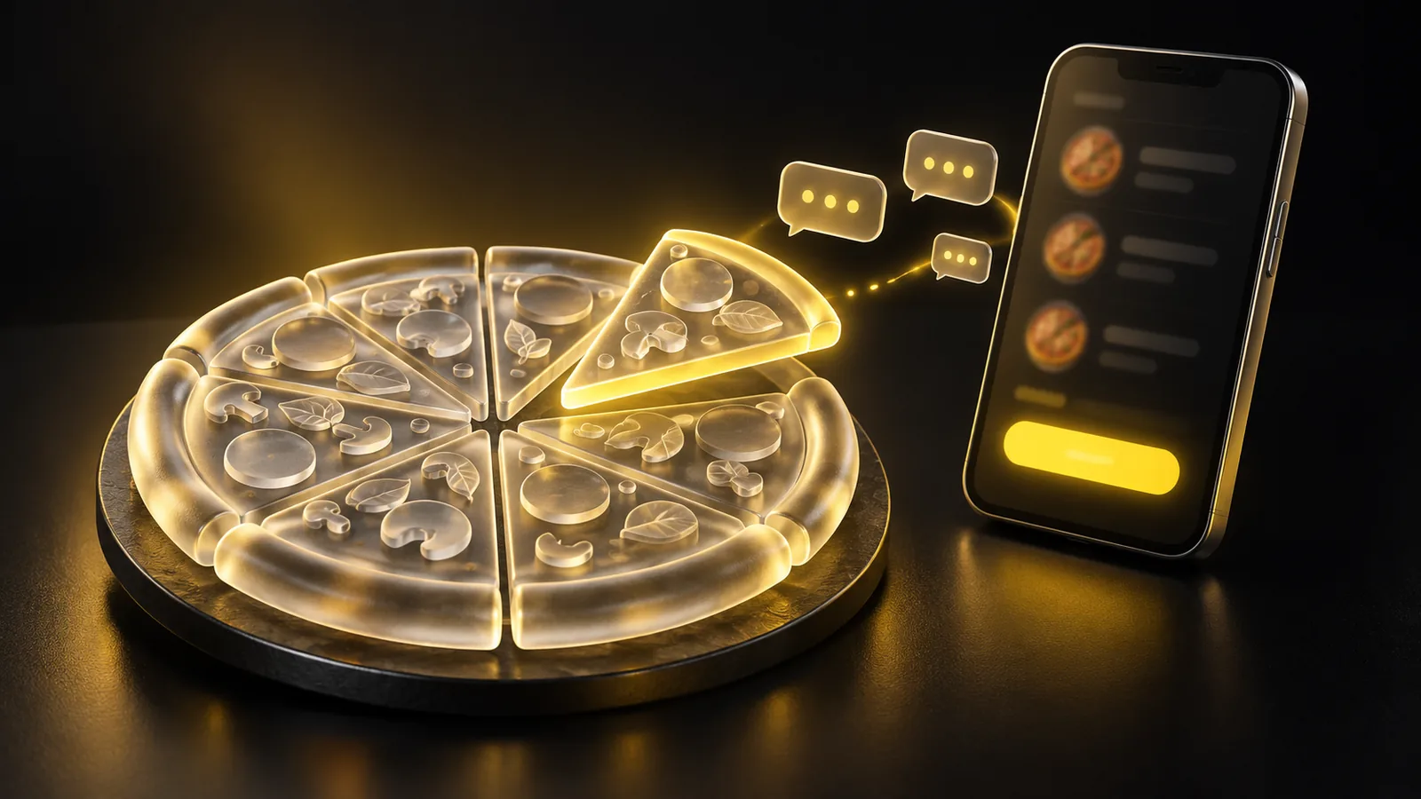 Pizza estilizada de vidrio con un celular que muestra un menú en línea y un botón de pedido